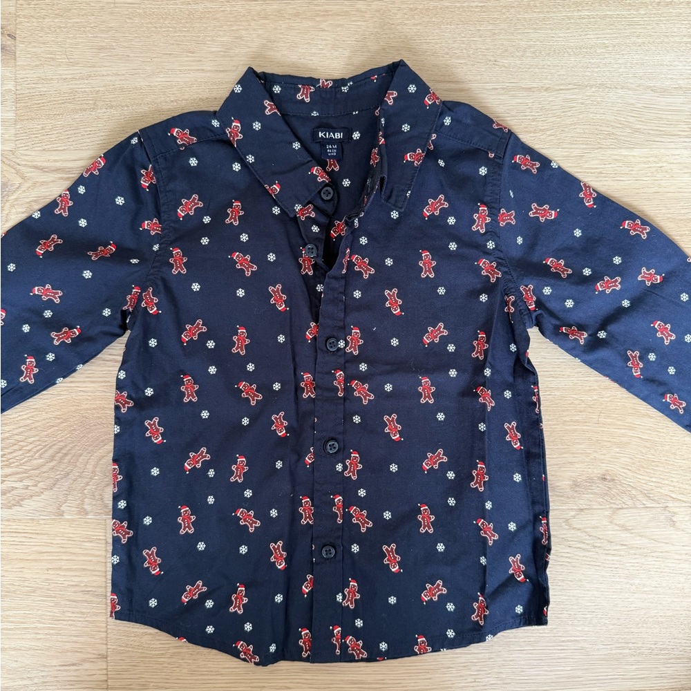 Kids Navy Button Down Shirt with Red Pattern